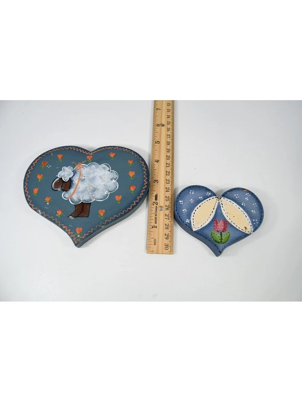 Vintage 1980s Wood Heart Pig Sheep Bear Hand Painted Granny Cottage Core Nursery